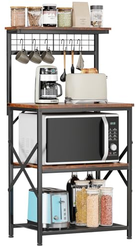 Furologee Küchenregal mit Stall, Kaffeebar-Station, 4 Etagen, Mikrowellenständer mit 6 S-Haken und Stecktafel, Küchen-, Mikrowellen-Regal für Gewürz-Organizer, Arbeitsplatz, rustikales Braun