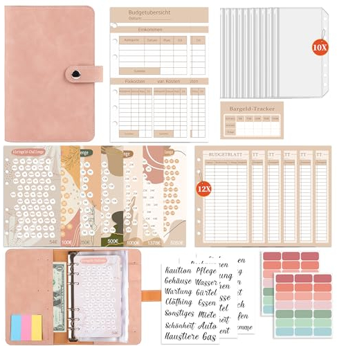 FUHOMI Budget Planner Deutsch A6 Binder - Bugetplaner Deutsch Startset mit 8 Sparchallenges, Finanzplaner Haushaltsbuch, Geld Organizer Sparbuch, Sparen mit Umschlagmethode