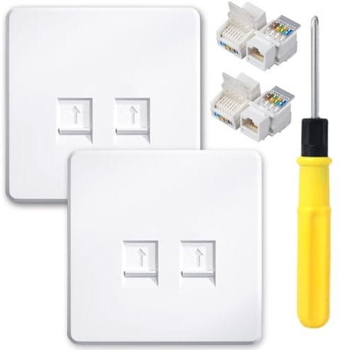 Acmerota Double 2-Port Socket Ethernet Faceplate CAT6 Flat Face Socket Wall Plate for Ethernet Cable Networking Socket Box (Double 2-Port, CAT6,RJ45) with Tool-Free Network Connector Module