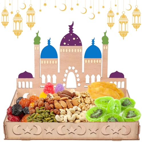 MQIAN Ramadan Teller, Ramadan Hölzernes, Tablett Ramadan, Eid Mubarak, Eid Mubarak Teller Holz Tablett, Dessert Tablett Holz Teller für Süßigkeiten Kuchen Kekse, für Eid- Tischdekoration