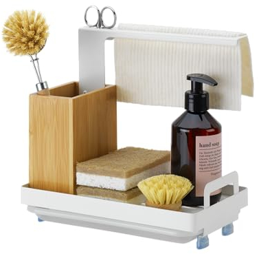 TILDAS Spülbecken Organizer Edelstahl weiß, Bambus FSC, Küchenorganizer, Schwammhalter, Aufbewahrung für Küchenutensilien Spülmittel, Caddy, Kitchen, deutsches Design