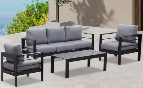 GLP Gartenmöbel Set Aluminium, Neumodisches Lounge möbel für 6-7 Personen mit Sofa, Tisch, Hocker & Kissen, für Innen- und Außenbereich (Schwarz & Dunkelgrau - 5 Sitzplätze)