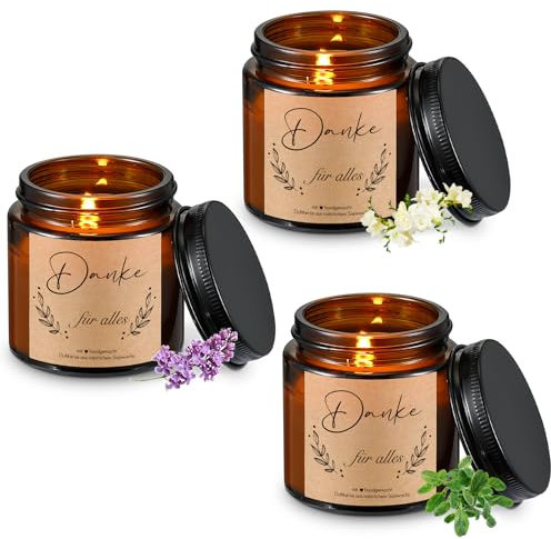 BBTO 3 Stück Dankeschön Geschenk für Frauen Sojawachs Duftkerzen im Glas Lavendel Duftkerzen Geburtstag Geschenk für Freundin Kollegin Mama Oma Stress Abbauen(Danke Für Alles)