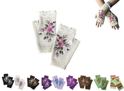 Handgestickt Fingerlose Handschuhe Damen Winter Blumen Stickerei Armstulpen Handschuhe Damen Pulswärmer Strick Handstulpen Kurz Gestrickte Halb Fingerlose Fäustlinge Fingerlose Handwärmer (03)