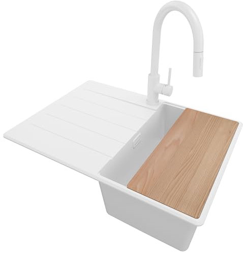 PRIMAGRAN Fregadero Granito Todo Blanco 70x50cm, Cocina 1 Seno + Grifo 40x20cm + Sifón + Tabla de cortar, Sobre encimera al mueble 40cm - Copenhague