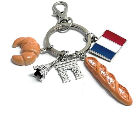 FizzyButton Gifts France Theme Keyring Key Ring with Tricolore Flag, Baguette, Croissant, Arc de Triomphe and Eiffel Tower Charms with Lobster Clasp