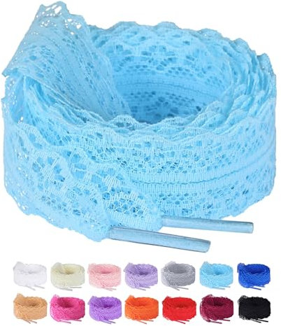 Olukssck 2 Pares de Cordones de Encaje para Zapatillas Deportivas, 3CM de Ancho, Cordones Planos para Mujeres, Azul Cielo, 140cm