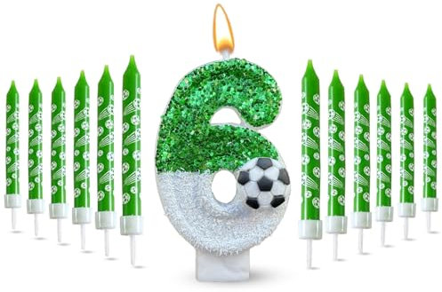 Glamifyr 13 STK Kerze 6 Geburtstag Junge, 3D Geburtstagskerzen Kinder Kerzen Geburtstag Fußball Geburtstagskerzen Zahlen 6. geburtstag Junge, Geburtstagskerze 6 Fußball Grüne für Geburtstagsdeko