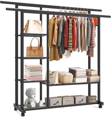 GT GETCO TECH Kleiderständer 150cm,kleiderschrank metall,kleiderständer auf rollen, auf Rollen, stabil, mit rollen mit Sechs Ebenen Stauraum,Garderobenständer mit 2 Hängestangen