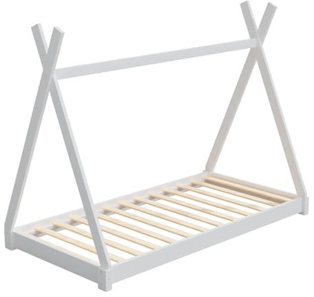 HAGO24 | Kinderbett | 200x90cm Weiß | Tipibett | Holz Kiefer | Montessori | Bettgestell | Tipi Zelt | Lattenrost | Belastbar | Dekorierbar | Spielbett |