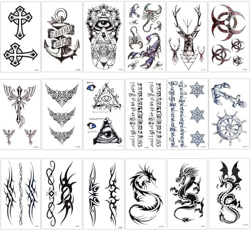 HTTDSLF 18 Feuilles Tatouage Ephemere Autocollants, Tatouages Temporaires Bras Poignet Body Tattoo Sticker Tatouages Éphémères, TTatouage Temporaire pour Adulte Femme Homme, Faux Tatouage Homme