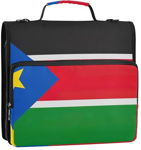 Funny 3 Ring Binders D Ring South Sudan Flag Zip up Binder Organizer Multi Pockets Large Portfolio Folder Middle School Binder Bag with Strap
