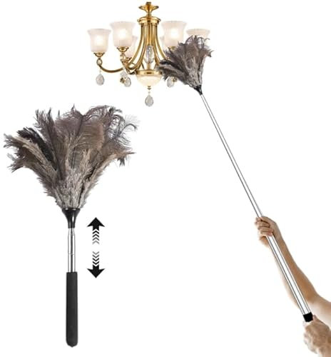 Extendable Ostrich Feather Duster 43-100cm, Telescopic Metal Handle for High Ceilings, Lights, Cupboards - Fluffy Feathers for Home, Car, Office Cleaning