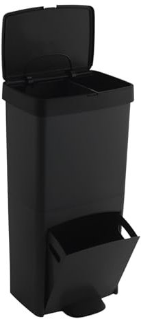 Cubo de basura o reciclaje 70L, VERTICAL, en 2 Compartimentos, Papelera para residuos, 76 cm de altura, fácil gestión, Negro