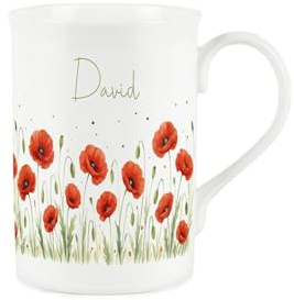 Purely Home Personalised Summer Poppies Mug - Green & Red Floral Meadow Gift/Present for Relative - Custom Remembrance Day Poppy Bone China Coffee/Tea Cup