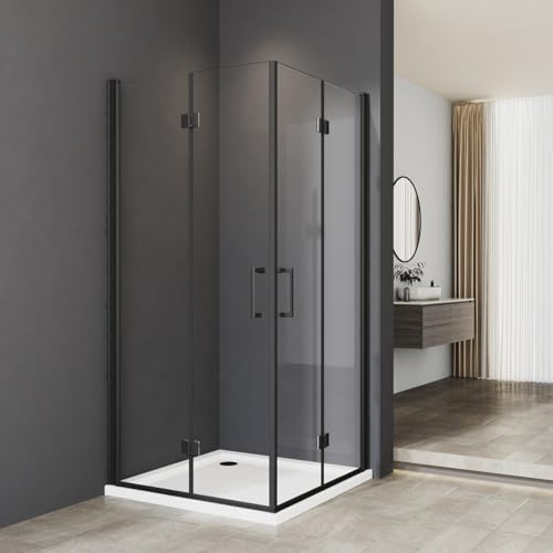 Duschkabine Drehfalttür 90x90cm Eckeinstieg mit Doppel Falttüren 6mm NANO Beschichtung ESG Glas 180º Falttürkabine Duschabtrennung Dusche Duschwand Höhe 195 cm, Schwarz