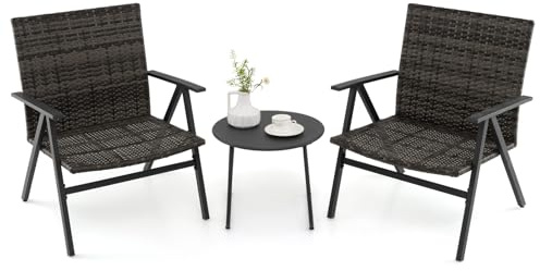 GYMAX 3TLG. Rattan Balkonset, Gartenmöbelset mit Metallrahmen, Kaffeetisch & 2 Sessel, Bistroset, Balkonmöbel, Gartensitzgruppe für Terrasse, Garten & Balkon