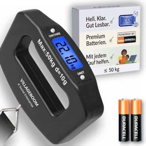 Villageboom Digitale Kofferwaage 50 kg, Gepäckwaage mit Haken & Gurt, beleuchtetes LCD, 10g präzise, Tara und Auto-Hold, inkl. AAA Markenbatterien – Unterstützt Solarprojekte in Afrika