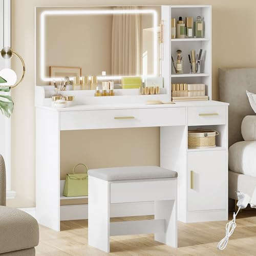 HEXCELEN 108cm Schminktisch mit Hocker, Großem Spiegel, Weiß | Frisiertisch mit 2 Schubladen, 4 Offenen Fächern und Schrank, für Schlafzimmer und Ankleidezimmer