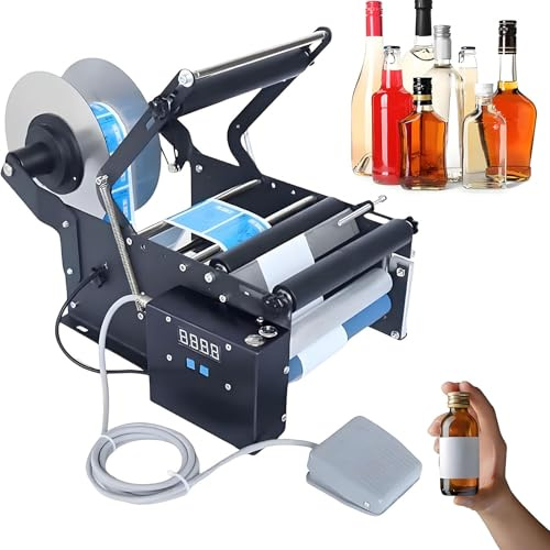 TozMvi Etikettiermaschine Für Runde Flaschen, Etikettendrucker, Verpackungsmaschine Mit Fußpedal, Elektrischer Flaschenetikettierer Für Runde Flaschen Aus Glas, Kunststoff Und Metall