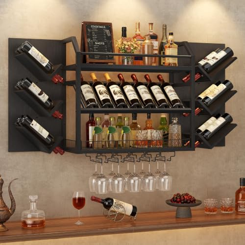 Hoctieon Wall Mounted Wine Rack with Glass Holder, Large Floating Bar Shelves for Liquor & Drinks, Industrial Metal Hanging Wine Display Cabinet for Home Pub Kitchen, 48.6x26.9x9.8in