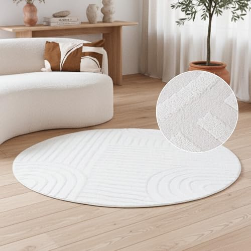 TAPISO Hygge Rund Teppich Beige - Wohnzimmer Schlafzimmer Flur Kurzflor Creme Weiß Streifen Kreise 3D Effekt Geometrisch Runder Teppich Moderner Design ÖKOTEX 120 x 120 cm