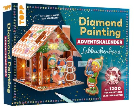 Diamond Painting Adventskalender Lebkuchenhaus. Mit Material und Werkzeug: 3D-Lebkuchenhaus, 1.200 Glas-Diamanten (19 Farben), Diamond Pen, Steinschiffchen, Wachs, Box