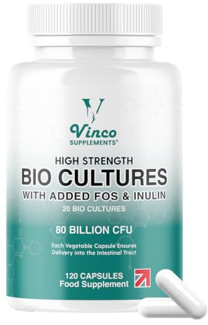 Vinco 80 Billion CFU Probiotics - 20 Strains with Prebiotics - 120 Vegan Capsules - Lactobacillus and Bifidobacterium Blend - Probiotics for Women and Men - 2 Months Supply - UK Made