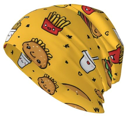 HJFCZH Niedlicher Burger-Pommes-Druck für Erwachsene, Strickmütze, legere Bean-Mütze, elastische Krempe, Unisex, schwarz
