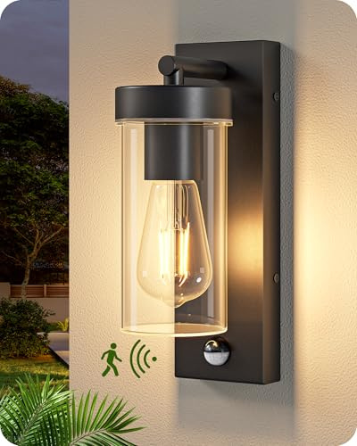 EDISHINE Dusk to Dawn Outdoor Wall Lights, Motion Sensor, Black | Clear Glass Modern Outdoor Lighting, Mains Powered, IP44 Waterproof, E27 Base, for Front Door, Patio, Garage, Hallway