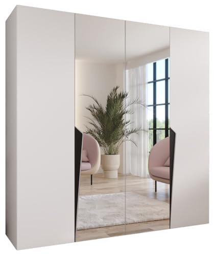 MEBLE KRYSPOL - Kleiderschrank - Garderobenschrank - 200 cm x 202 x 52 cm - Schrank mit Kleiderstange und Spiegel, 4 Türen - für Schlafzimmer, Flur - Piano, Weiß, Griff Schwarz
