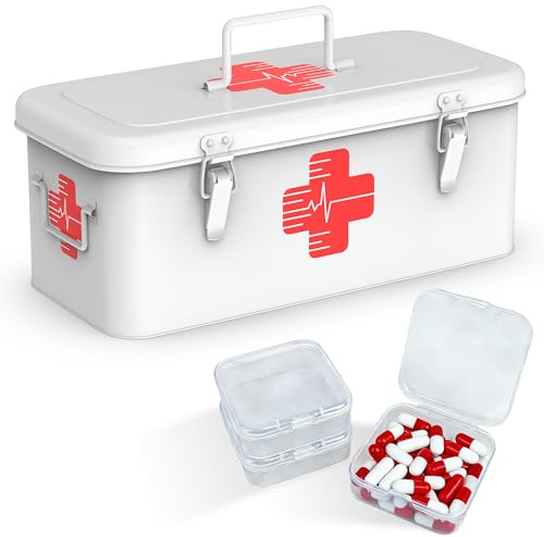 Orionstar Metal First Aid Box with 3 Pill Organizers, White | Steel Build, Large Capacity, 360-Degree Medical Symbol, Light-Proof, 4-Zone Interior, Riveted Handle, Home Car Camping