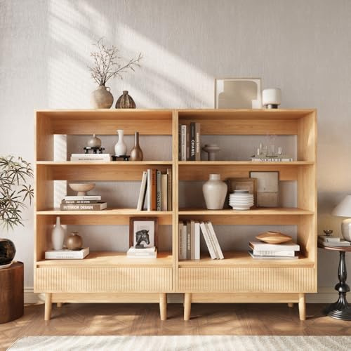 VOWNER 3-Ebenen Bücherregal mit Schublade, Offenes Standregal, Holzregal Modern, Vielseitiges Aufbewahrungsregal, für Büro, Wohnzimmer, Schlafzimmer, Küche, 80x120x30 cm, Holzfarbe (2)