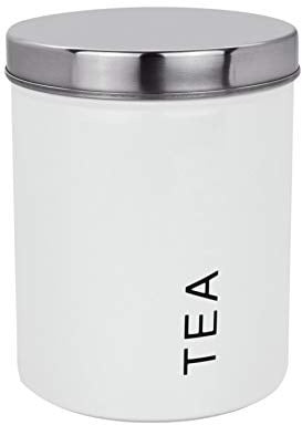 Harbour Housewares Round Metal Tea Storage Canister - White - Pack of 1 - Retro Kitchen Storage Loose Tea Caddy Preserve Food Tin Bin Container Jars Airtight Lid
