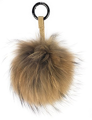 Realkontor XXL Taschenanhänger mit Lederband und Karabiner, Schlüsselanhänger Bommel Pelzbommel Pompon Pelz Fell Echtpelz, Naturbraun, XXL 16-20 cm Durchmesser