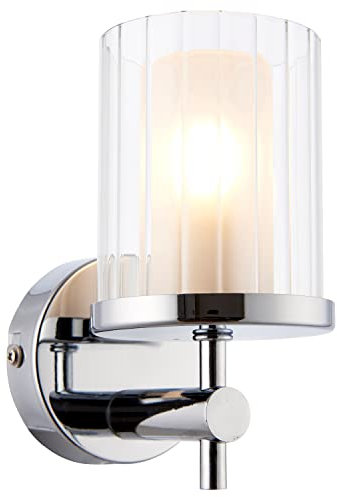 Blake Modern Chrome Bathroom Wall Light with Clear Rippled Glass Cylinder Shade IP44 Rated