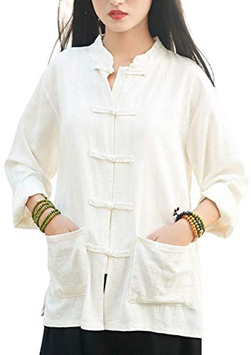 Lazutom Tunique pour Femme en Coton et Lin avec Bouton Grenouille et col Mandarin pour Arts Martiaux Chinois Kung Fu Tai Chi, Blanc, Taille Unique
