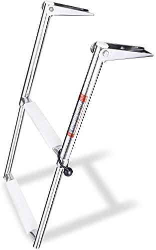 Young Marine 2 Steps Stainless Steel Drop Down Telescopic and Folding Boat Ladder with White Plastic Footboard,Over Platform Mounting