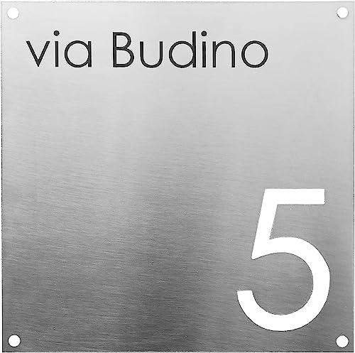 GUIZZO Creart - Numero Civico Esterno in Acciaio Inox, Targa Personalizzata con Numeri Civici Esterni, Via e/o Famiglia e Nomi Made in Italy, Targhetta Personalizzata Porta Ingresso Esterno, 12x12H cm