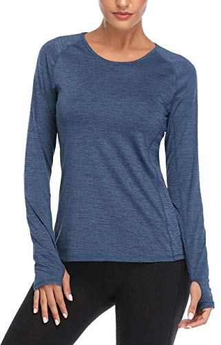 VUTRU Tee Shirt Sport Manche Longue Femme Maillot Haut de Course à Pied Femme Yoga T Shirt avec Trous pour Les Pouces Bleu XL