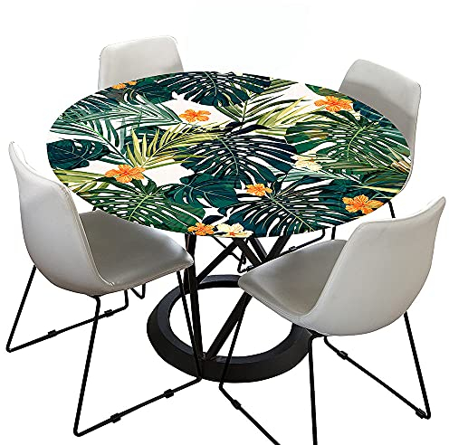 Morbuy Rund Tischdecke Elastisch, 3D Tropische Rund Tischdecken Wasserdicht Lotuseffekt Abwaschbar Abwischbar Tischtuch für Dekoration Küchentisch Garten Outdoor (Durchmesser 90cm,Orangene Blume)