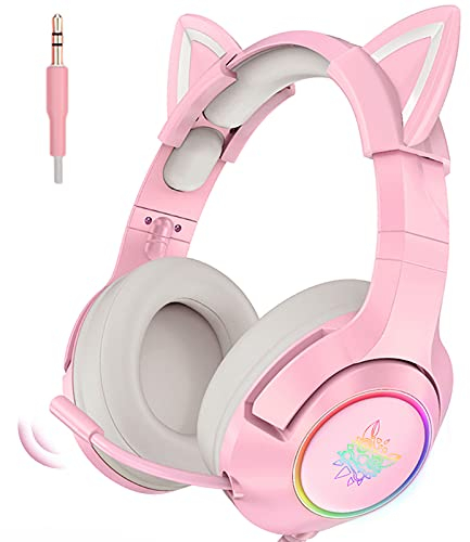Auricolare per Orecchio Gatto, Cuffia da Gioco Rosa con Microfono, Orecchie di Gatto Rimovibile, Suono Surround E Luce di Riduzione del Rumore Retrattile, Adatto a Cuffie di Tutte Le Ragazze