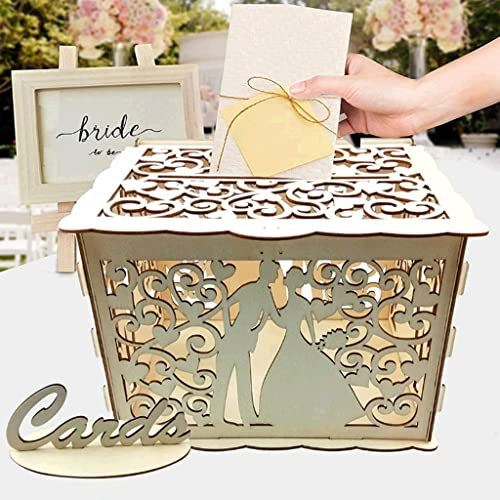 Alnicov Boîte à cartes de mariage,boîte à cartes de décorations de mariage rustique en bois avec serrure pour la décoration de fête de réception de mariage