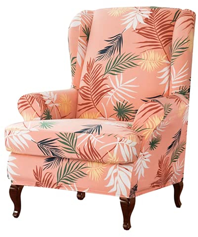 Highdi 2-Teilig Ohrensessel Bezug, Stretch Sesselüberwürfe Modern Palmblatt-Druck Elastisch Sesselhusse Husse für Ohrensessel Relaxsessel Fernsehsessel mit Armlehne (Rosa Blätter)