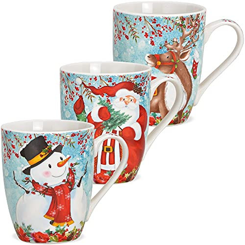 Lot de 3 tasses à café de Noël multicolores - En porcelaine classique - 10 cm - Pour Noël - Passe au lave-vaisselle et au micro-ondes
