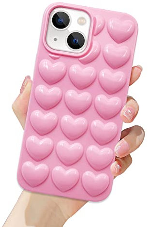 Guppy Kompatibel mit iPhone 13 Frauen Mädchen 3D Bubble Herz Hülle Cute Jelly Full Body Kawaii Love Shaped Weich Silikon Gummi Slim Bumper Schutzhülle Case 6.1 Zoll Rosa