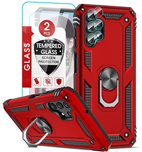 LeYi per Cover Samsung Galaxy A13 4G (Non per 5G) Custodia con Vetro Temperato [2 Pack]+Pellicola Fotocamera[2 Pack], Grado Militare 360° Anello Supporto TPU Bumper Antiurto Silicone Custodie Rossa