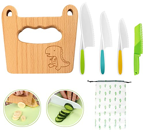 Goodchef Kindermesser 5-teiliges Kinder-Küchenmesser-Set zum Schneiden und Kochen von Obst oder Gemüse für Kleinkinder, inklusive kindersicherem Holzmesser Messer ab 2 jahre(Großäugiger Dinosaurier)
