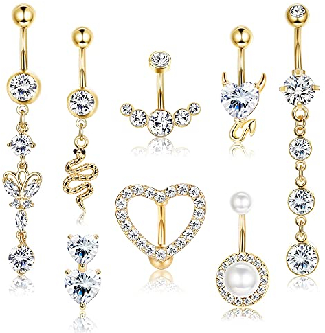 JeryWe 8 Stück Bauchnabelpiercing Edelstahl Bauchnabel Piercings Set Mit Anhänger Nabelpiercing für Frauen Silber Gold Nabel Barbell Körperschmuck Piercing 14GGold
