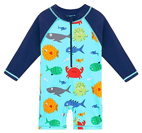 HUAANIUE Garçons Bébé Maillot de Bain 1 Pièce Anti-UV UPF 50+ Bébé Garçons Costume de Bain zippé à Manches Longues 1 Mois-6 Ans (S271-Vie Marine Bleue, 6-12 Mois)